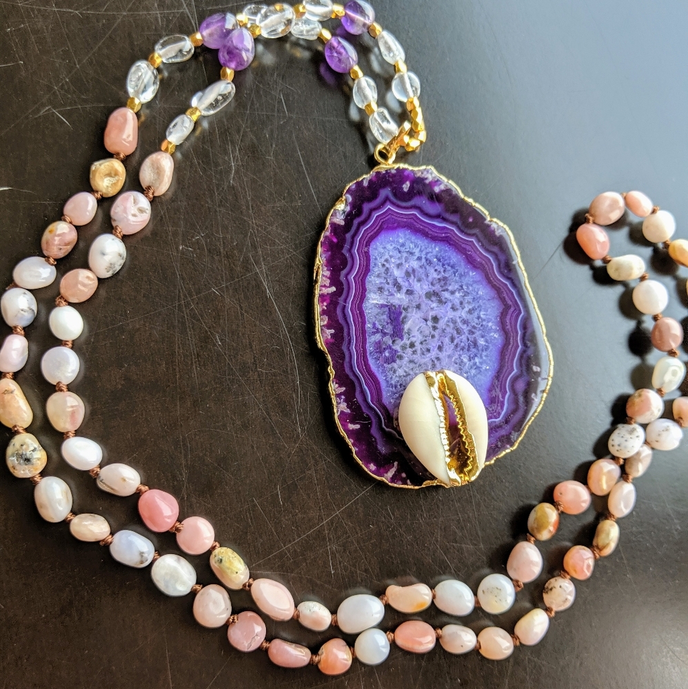 Cowrie Shell, Opal, & Geode Beaded Necklace